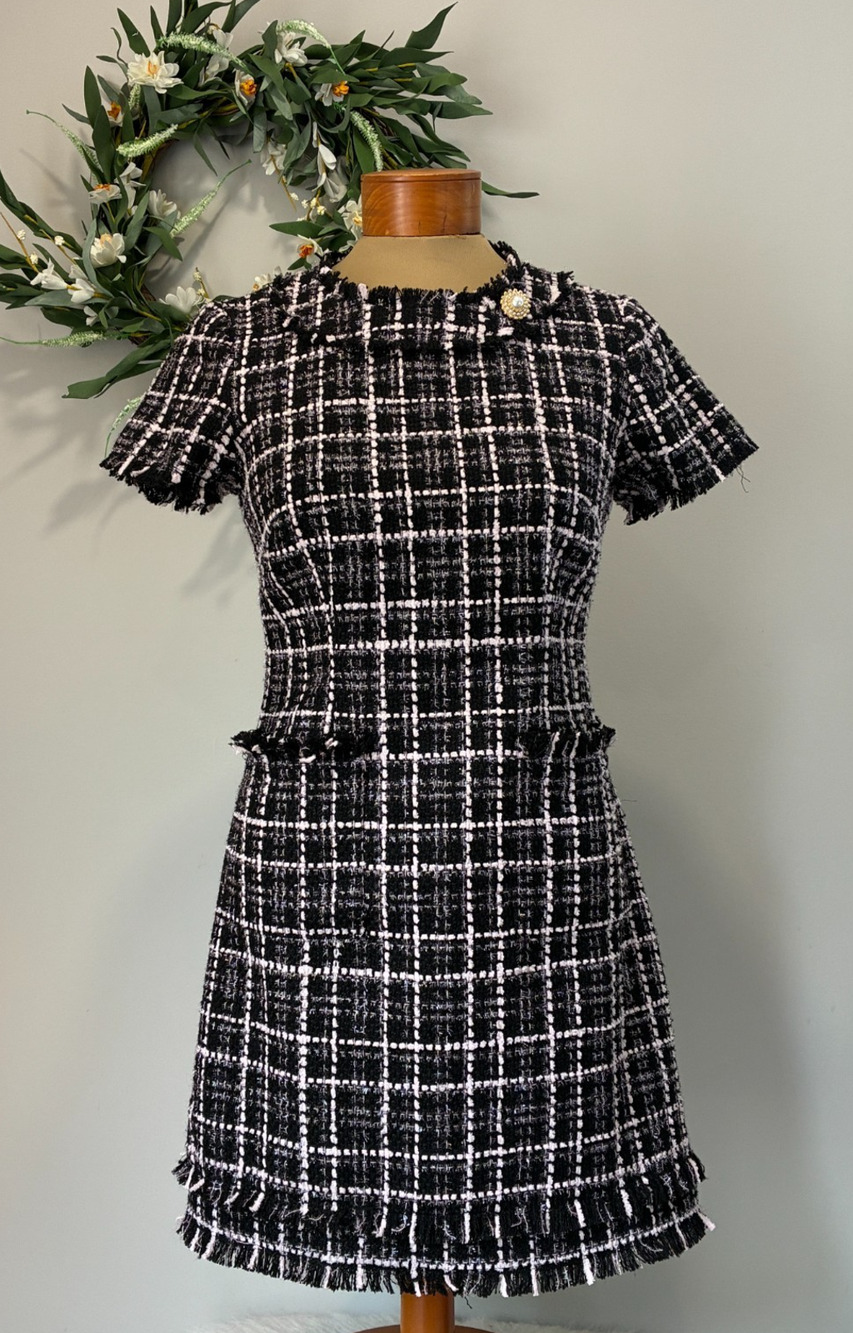 Harper Rose Tweed Dress Black Pink Plaid Tweed Classic Pockets Lined, Size 6P